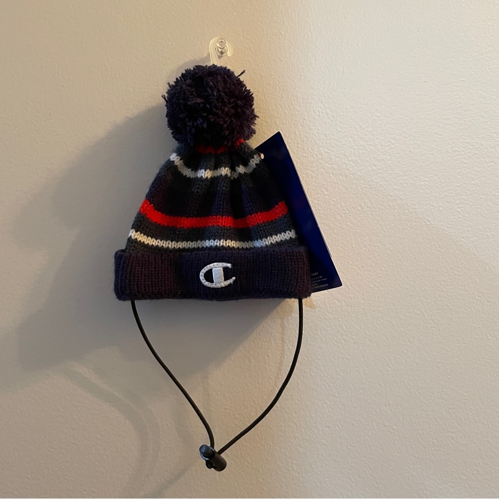 NWT Champion Blue Green Red White Striped Pom Pom Knit Pet Beanie Size S/M